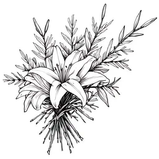 wheet sticks, lily flowers, spruce branches, and thorns in a bouquet tattoo design idea