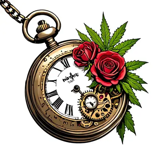 steampunk broken pocket watch with roses and cannabis growing through it  tattoo design idea