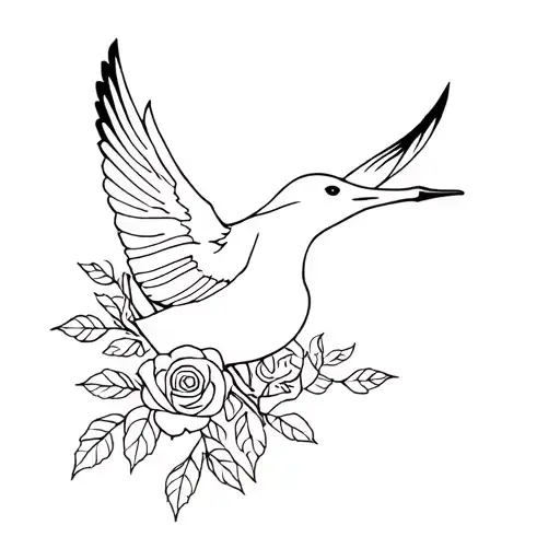 albatross bird flying outlined in roses and stems  tattoo design idea
