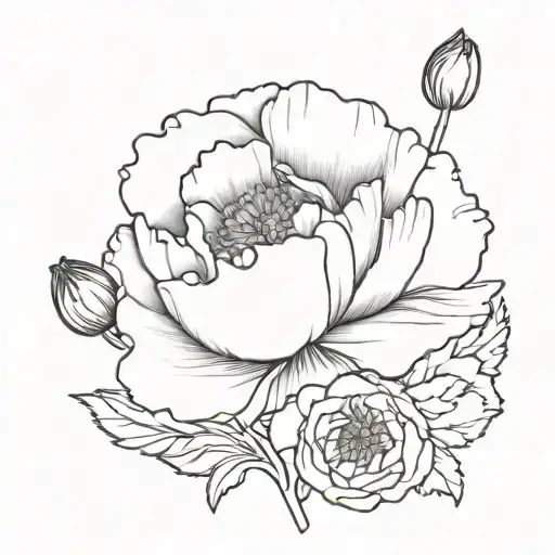 draw a simple one line black and white bouquet with a poppy flower and a carnation flower and a chrysanthemum flower tattoo design idea