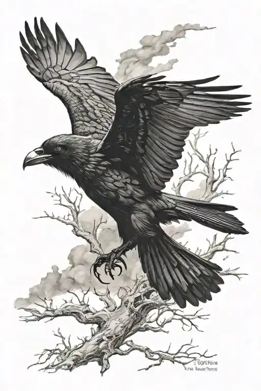 crow flying hunting tattoo design idea