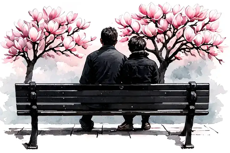 magnolia tree, semi bloom, 2 people on a park bench, view from behind, black frame,tattoo,b/w tattoo design idea