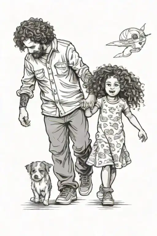 30 year old Father holding hands with 5 year old daughter who has curly hair, no background tattoo design idea