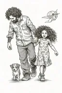 30 year old Father holding hands with 5 year old daughter who has curly hair, no background tattoo design idea