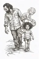 30 year old Father holding hands with 5 year old daughter who has curly hair, no background tattoo design idea