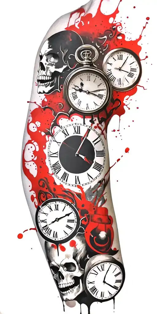 Libra sign on the top shoulder, skulls throughout. three clocks integrated into it for an arm sleeve. vampires added tattoo design idea