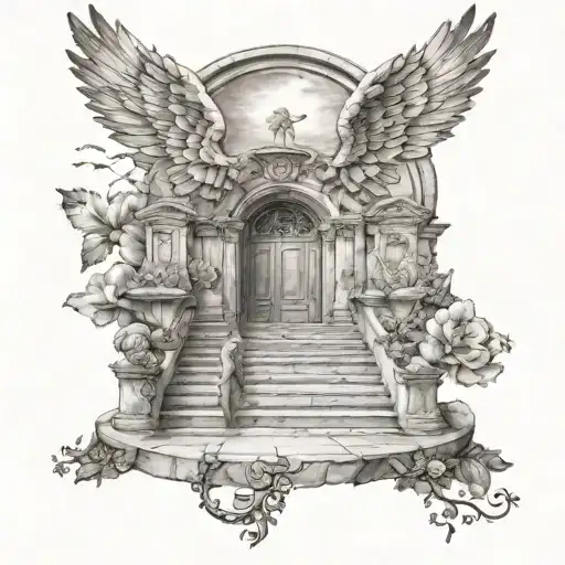 Heaven with stairs angel wings death dates tattoo design idea