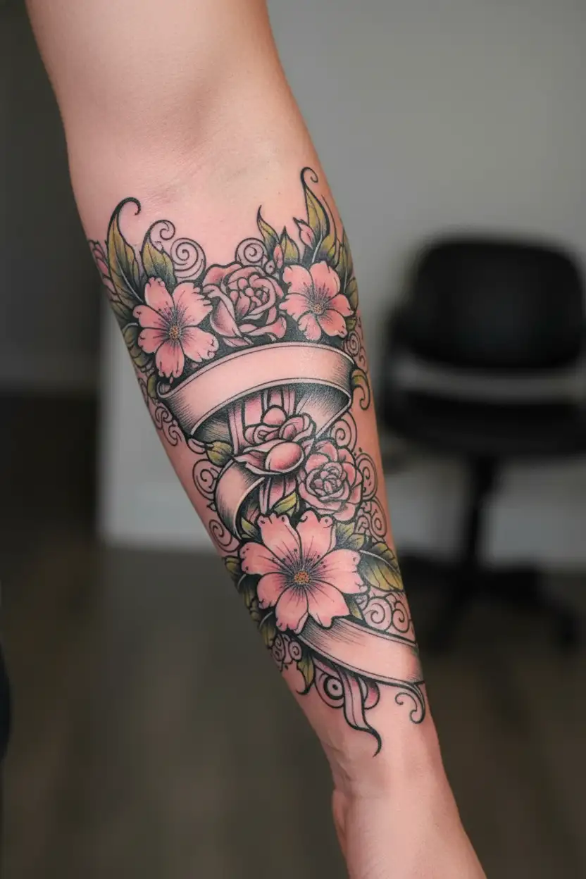 flowers and breast cancer awareness ribbon tattoo design idea