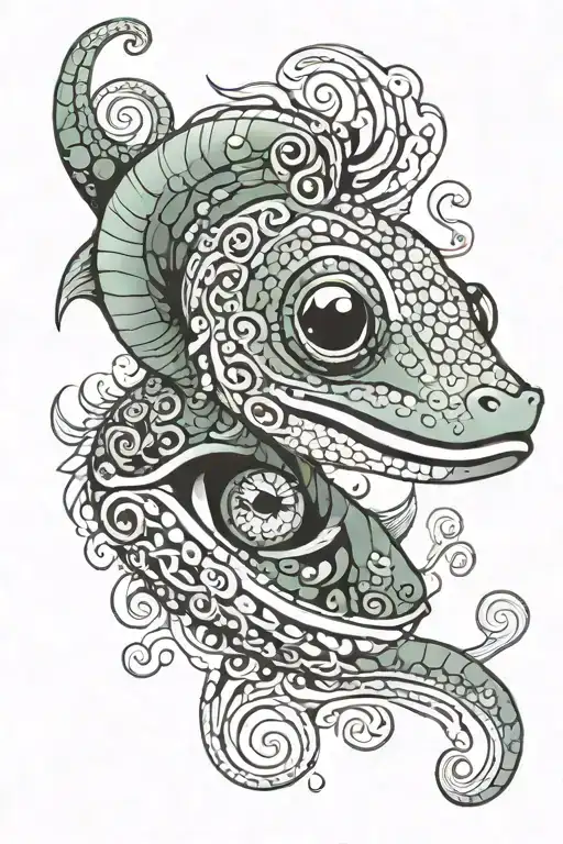 Moray Eel looking at me, it's eyes have spirals. Spirals behind it, black at the top. tattoo design idea