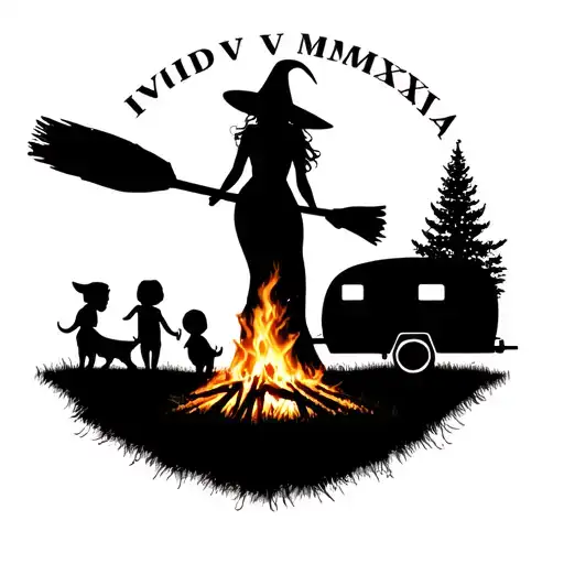 "IV V MMXIV" silhouette of busty sexy witch bride on broomstick over a campsite with a trailer and campfire with children & dog tattoo design idea