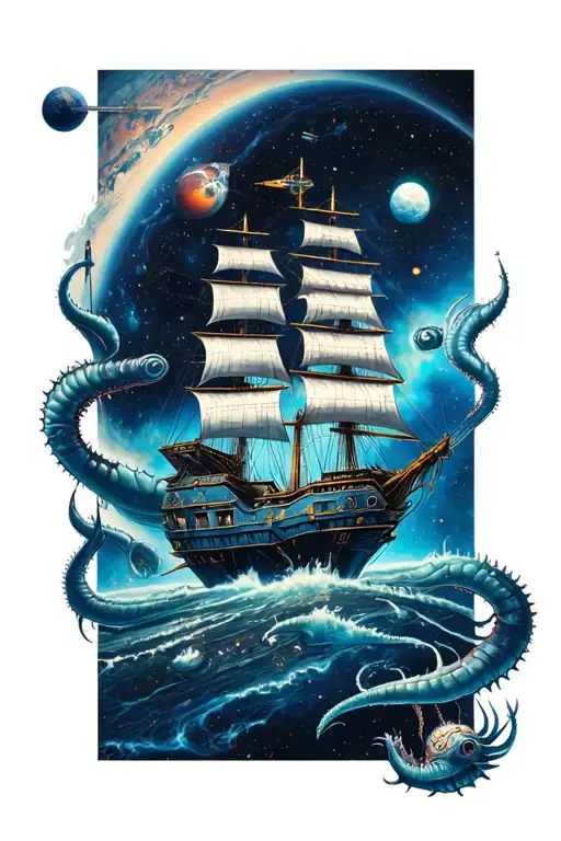 space station planet nebula naughtical galleon sea creature tattoo design idea