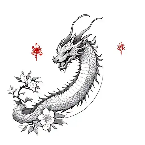 Japanese dragon with flowers and moon tattoo design idea