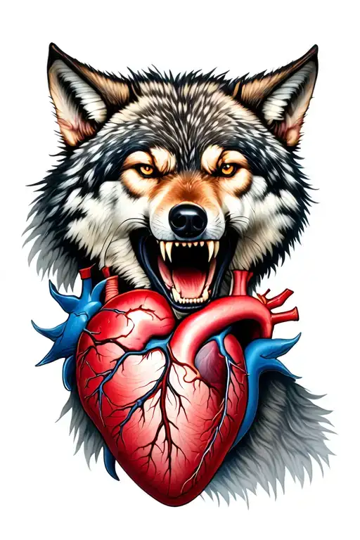 A hyper-realistic, full-color tattoo design of a snarling wolf biting into a detailed anatomical heart.  tattoo design idea