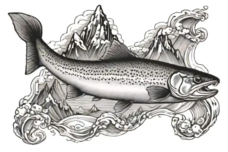 trout and mountains inside tattoo design idea