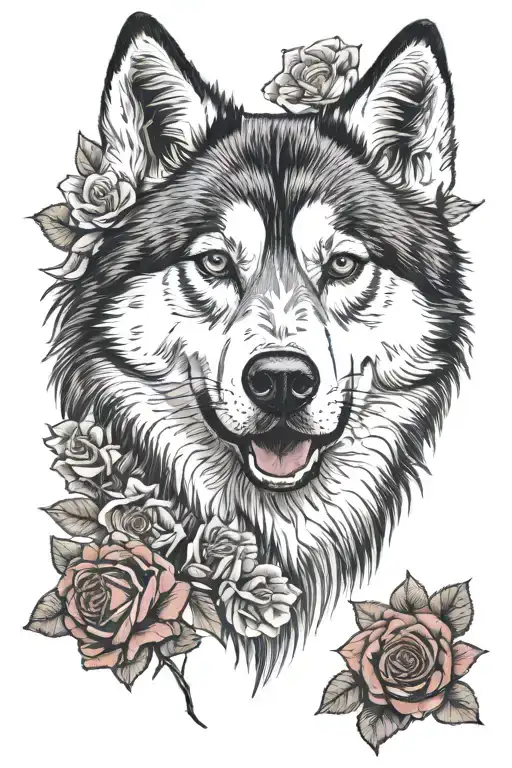 Husky Siberian face sourounded by red roses tattoo design idea