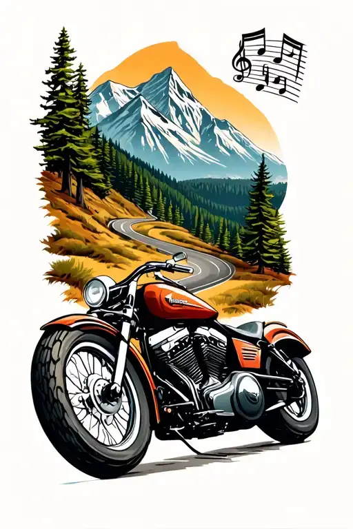 A tattoo design of a mountain landscape with a winding road, a Harley-Davidson motorcycle, and musical notes to represent your love for riding through the mountains and music tattoo design idea