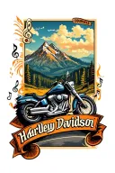 A tattoo design of a mountain landscape with a winding road, a Harley-Davidson motorcycle, and musical notes to represent your love for riding through the mountains and music tattoo design idea