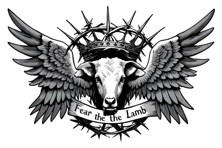 angle wings with a crown of thorns in the middle with the words fear the lamb under it  tattoo design idea