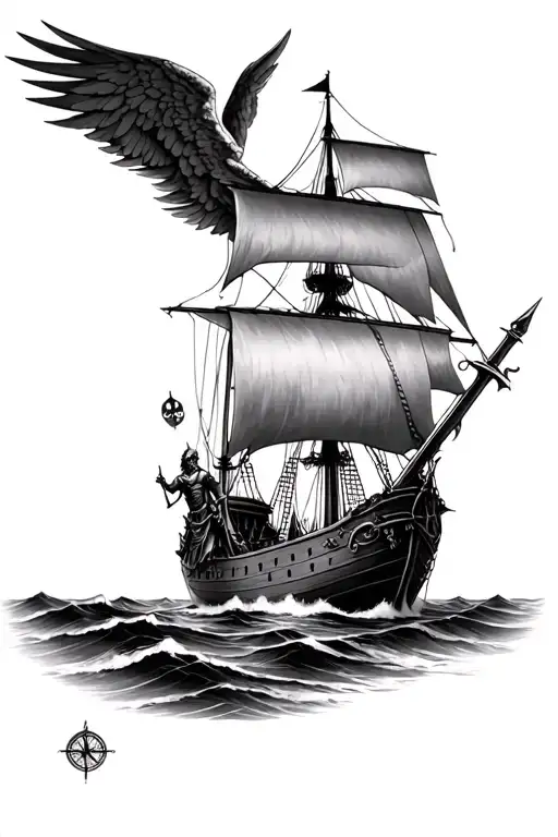 pirate ship with compass and angelic knight holding sword tattoo design idea