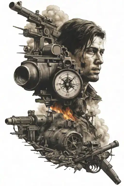 compass, cartridges, soldier with machine gun, destroyed buildings, fire tattoo design idea