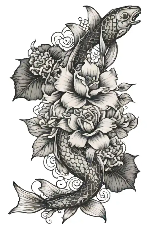 koi fish and roses mayflowers hibiscus with hints of blue and minimal shading tattoo design idea