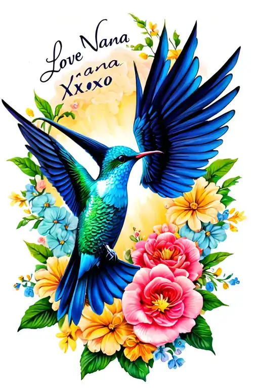 "Love nana xoxo" blue humming bird with open wings with flowers around her tattoo design idea