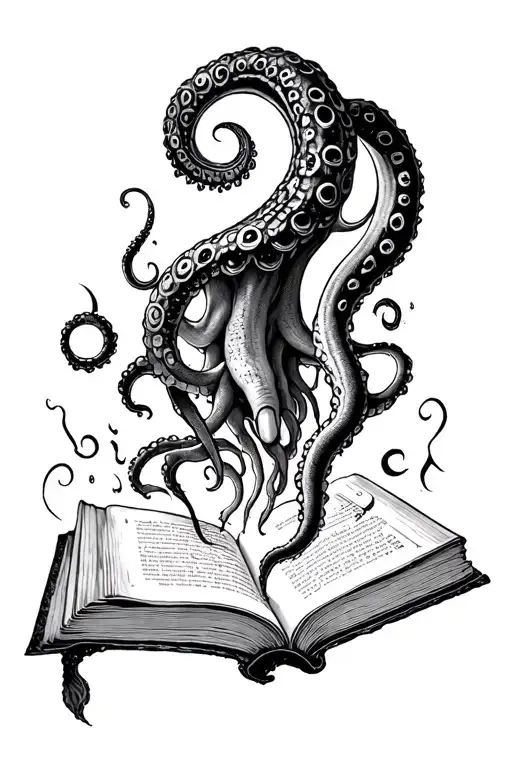 realistic Tentacles reaching out of open magical book tattoo design idea