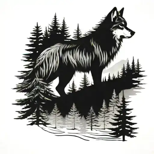 wolf in pinetrees  tattoo design idea