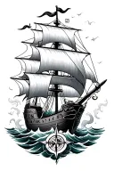 pirate ship, anchor, compass, mermaid, storm tattoo design idea
