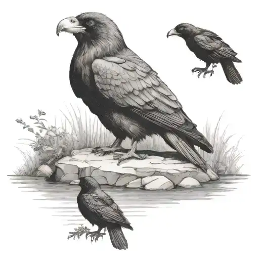 Make me a tattoo sketch of Elijah sitting by the brook with the two ravens bringing him meat and bread from the bible tattoo design idea