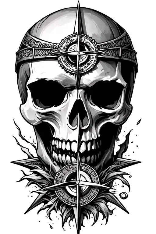 Norwegian viking compass skull tattoo design idea