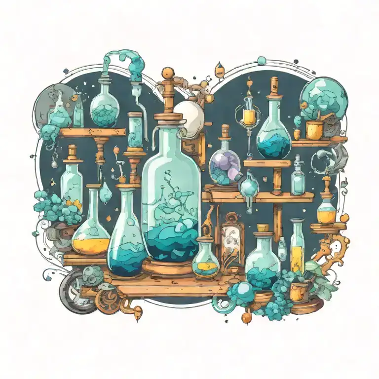 A neotraditional design of a chemist's laboratory filled with fantastical elements like floating crystals and glowing potions, surrounded by religious symbols tattoo design idea