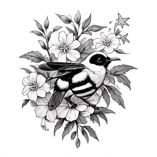 throstle bird, bumble bee, star, foxglove flowers tattoo design idea