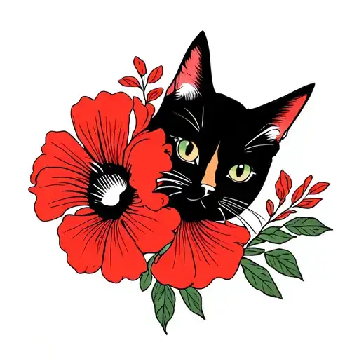 mid century modern flower in color red with cat tattoo design idea