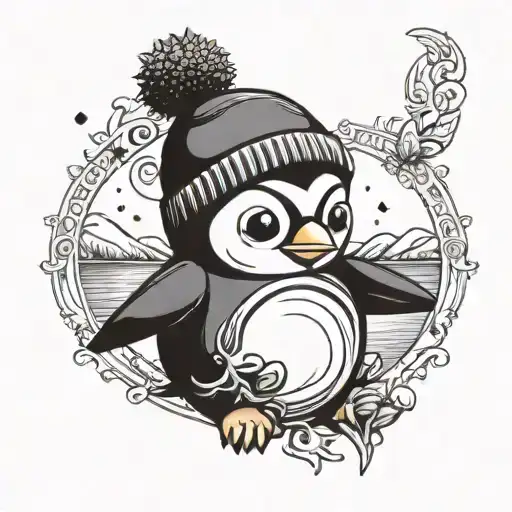 chibi penguin wearing a beanie tattoo design idea