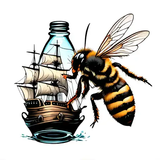 honeybee flying out of a bottle with ship tattoo design idea