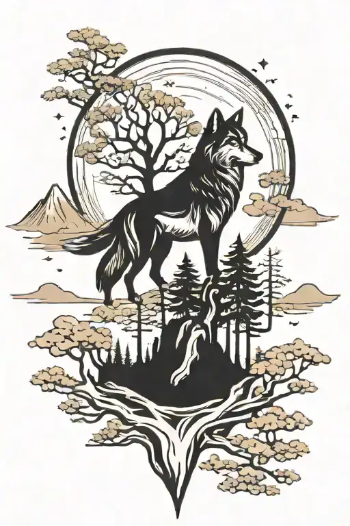 forearm treeline with nordic or chinese and a holing wolf tattoo design idea