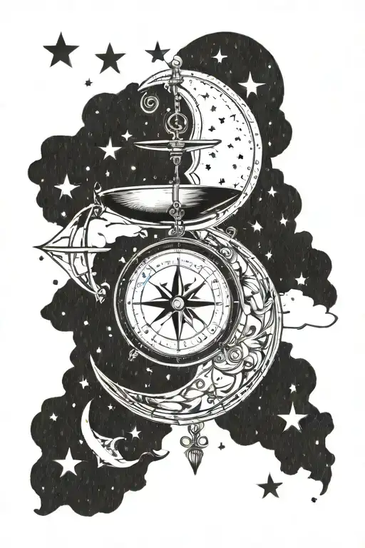 Libra star sign centered within a crescent moon, surrounded by stars. A compass is subtly integrated tattoo design idea