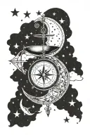 Libra star sign centered within a crescent moon, surrounded by stars. A compass is subtly integrated tattoo design idea