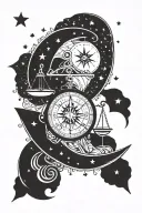 Libra star sign centered within a crescent moon, surrounded by stars. A compass is subtly integrated tattoo design idea