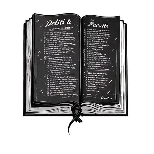 Open Bible that reveals accounting entries inside (debits and credits). Text: 'Debiti & Peccati' tattoo design idea