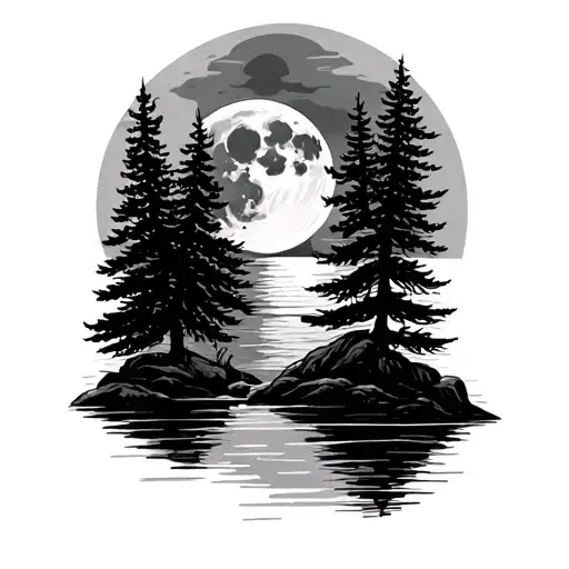 moon, river, sea, fir trees tattoo design idea