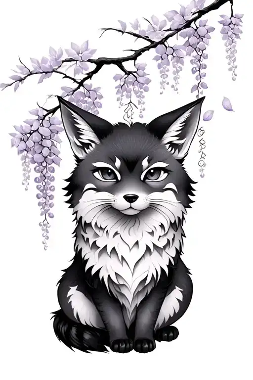 kitsune with Sakura petals and a wisteria tree tattoo design idea