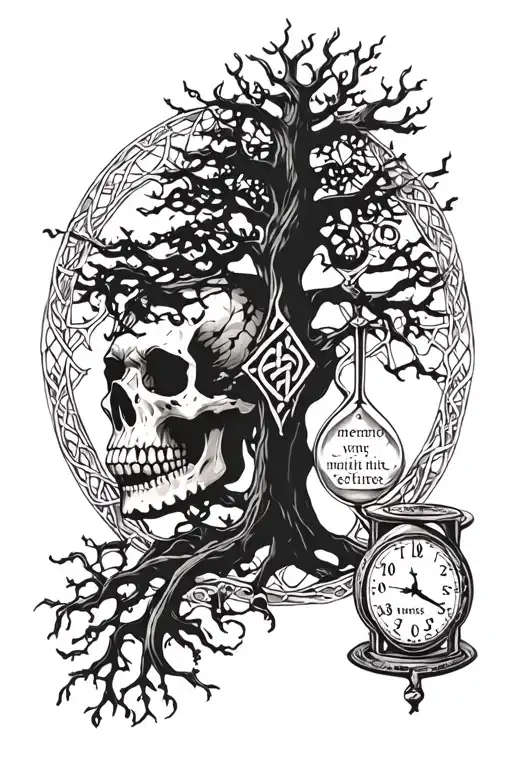 skull that says memento mori, celtic tree of life that says memento vivere, and an hour glass that says tempus fugit tattoo design idea