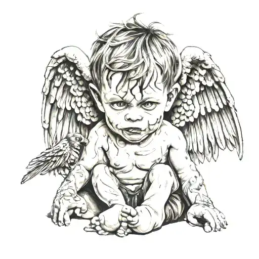 full boddy sad child with demon and agel wings  tattoo design idea