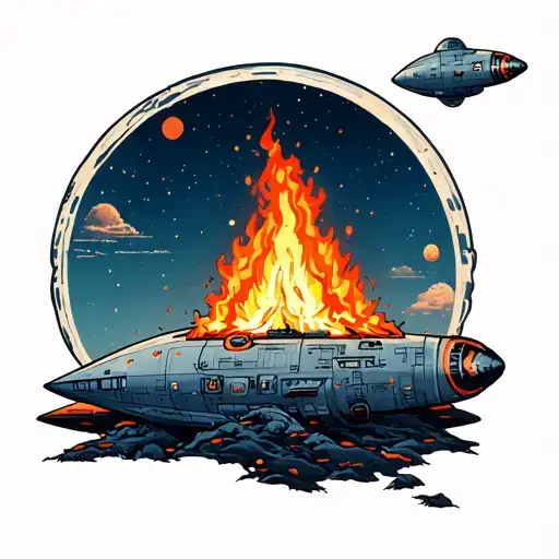 spaceship and a bonfire surrounded tattoo design idea