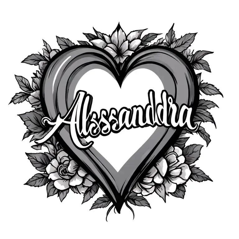 "Alessandra" Cursive name with heart intertwined tattoo design idea