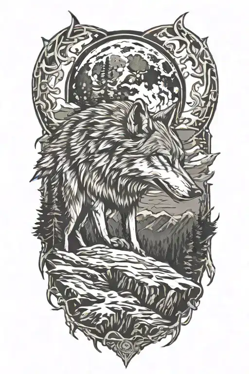 wolf howling at moon with axes in the mountains  tattoo design idea