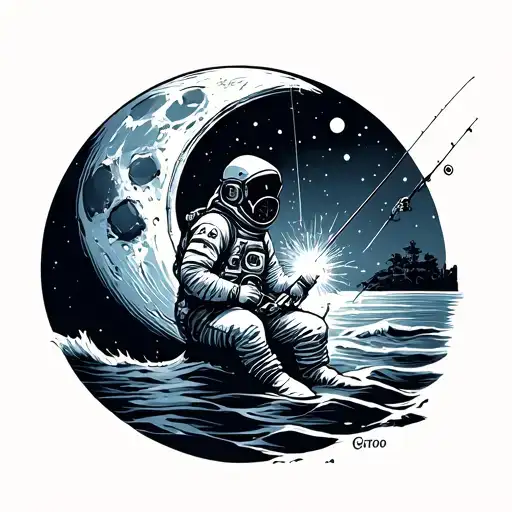 astronout, fishing, welding mask, sitting on moon, sea tattoo design idea