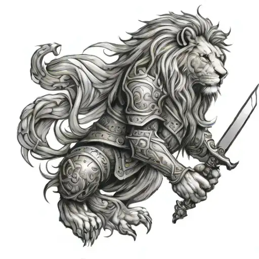 lion with armour holding a sword tattoo design idea